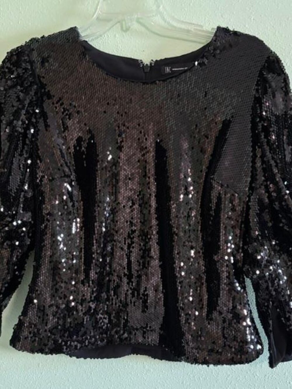 INC International Concepts deep black heavily sequined Juliet sleeve blouse M